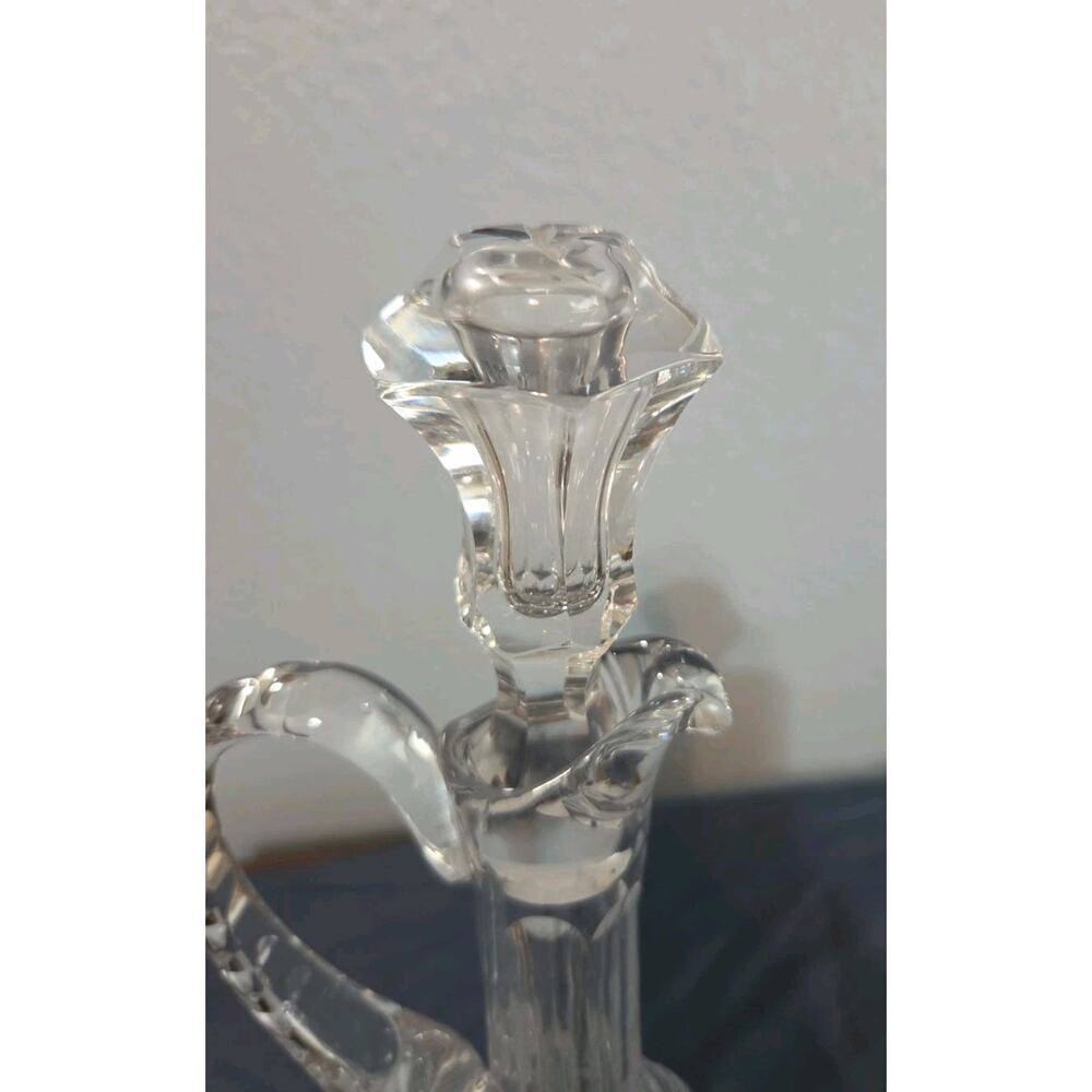 Tall 14” Ornate Crystal Glass Decanter With Handle and Stopper, Elegant - Picture 2 of 9